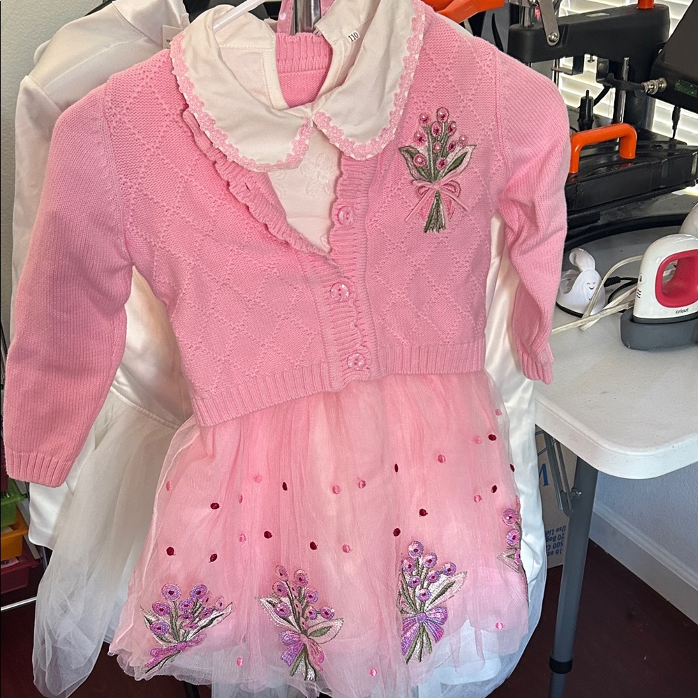 Pink Embroidered Baby Dress with Cardigan